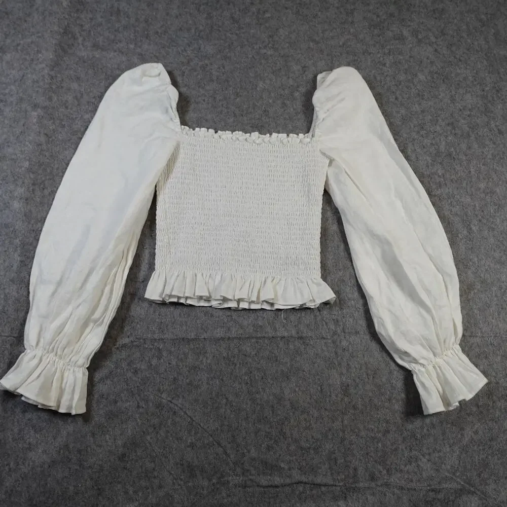 Reformation Top Womens Small Tangerine White Linen Smocked Square‎ Cottagecore